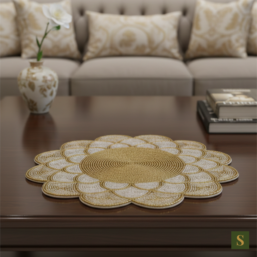 Beads Table Mats flower shape Golden and white