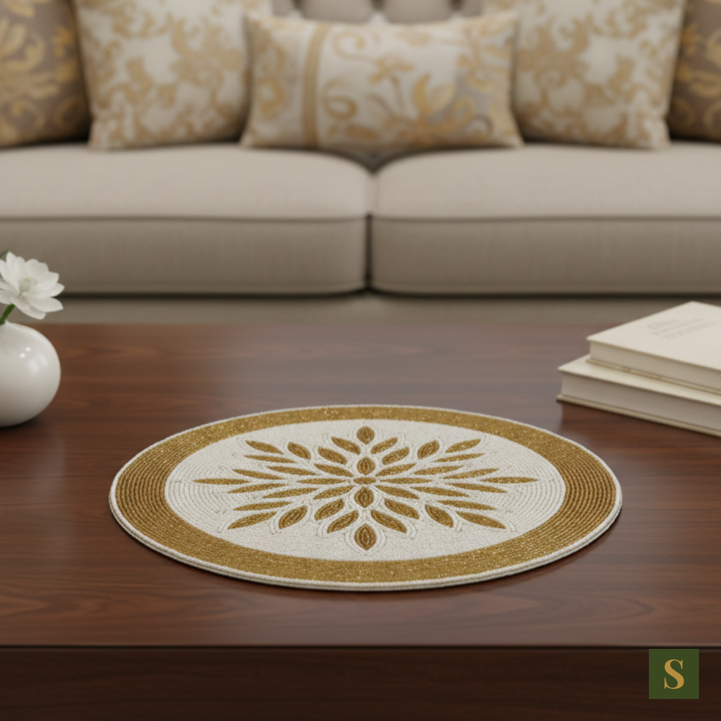 Beads Table Mats flower shape Brown Golden and White