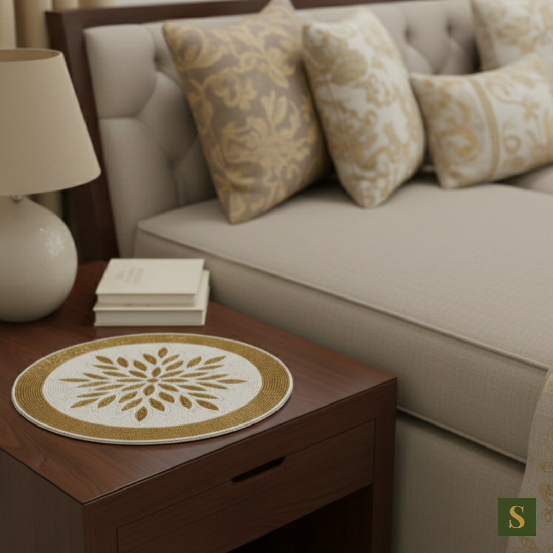 Beads Table Mats flower shape Brown Golden and White