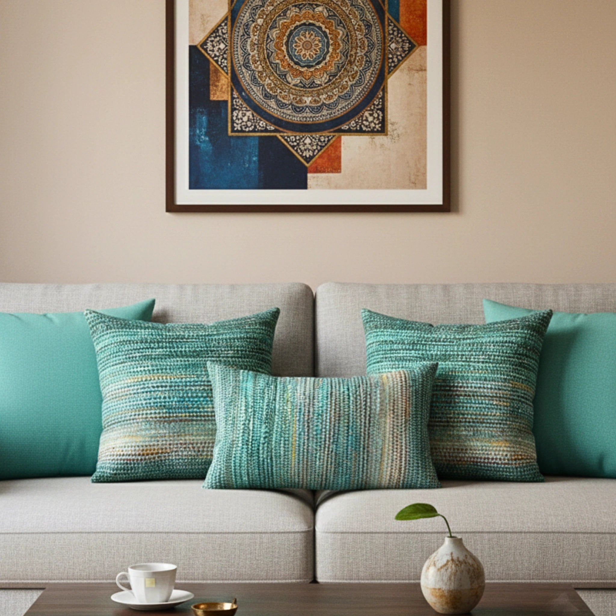 Boulce Boho Multicolor Sea Green Dotted Cushion Cover cushion covers with Plain cushion covers pack of 5