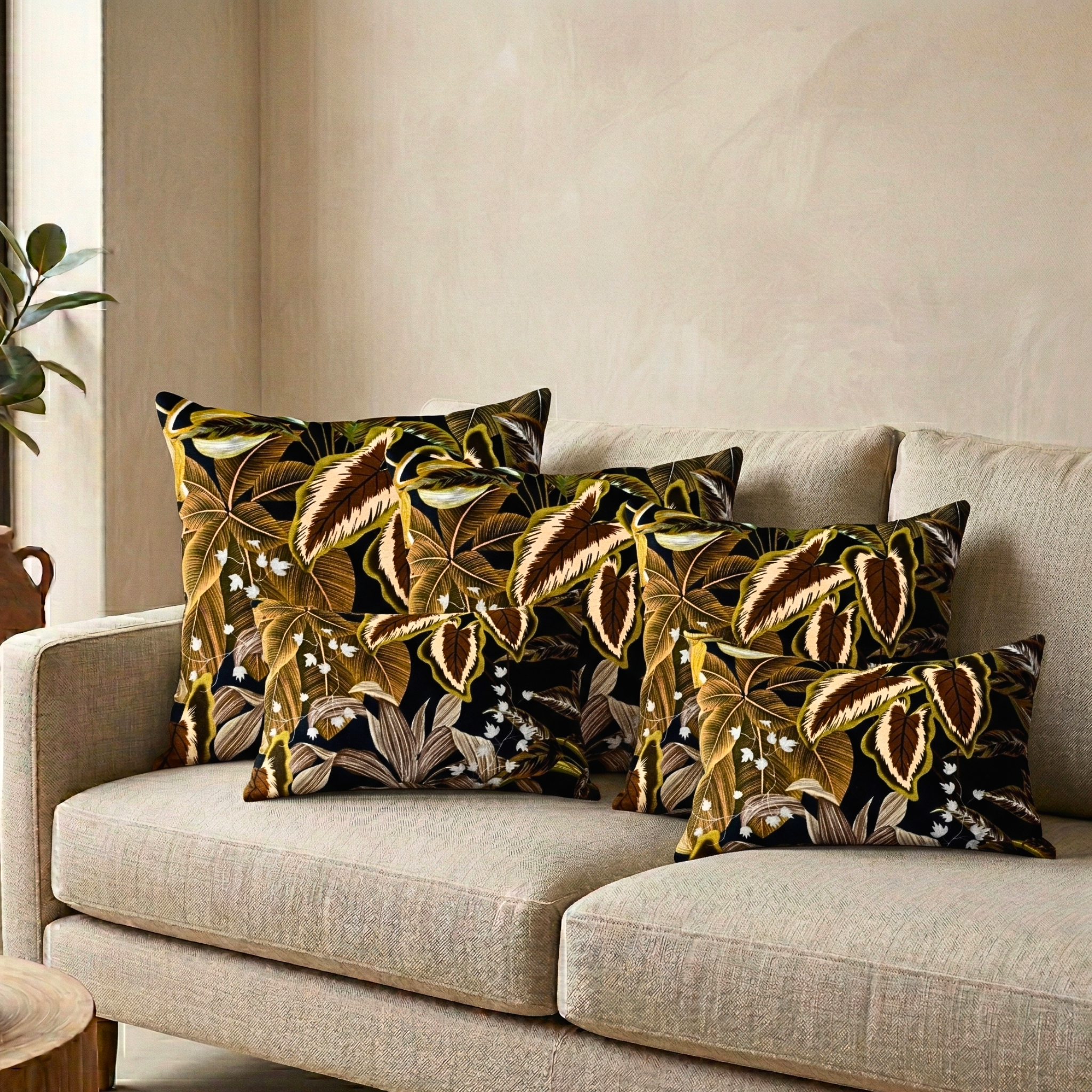 Black Plant and leaf Designer Cushion Cover pack of 2
