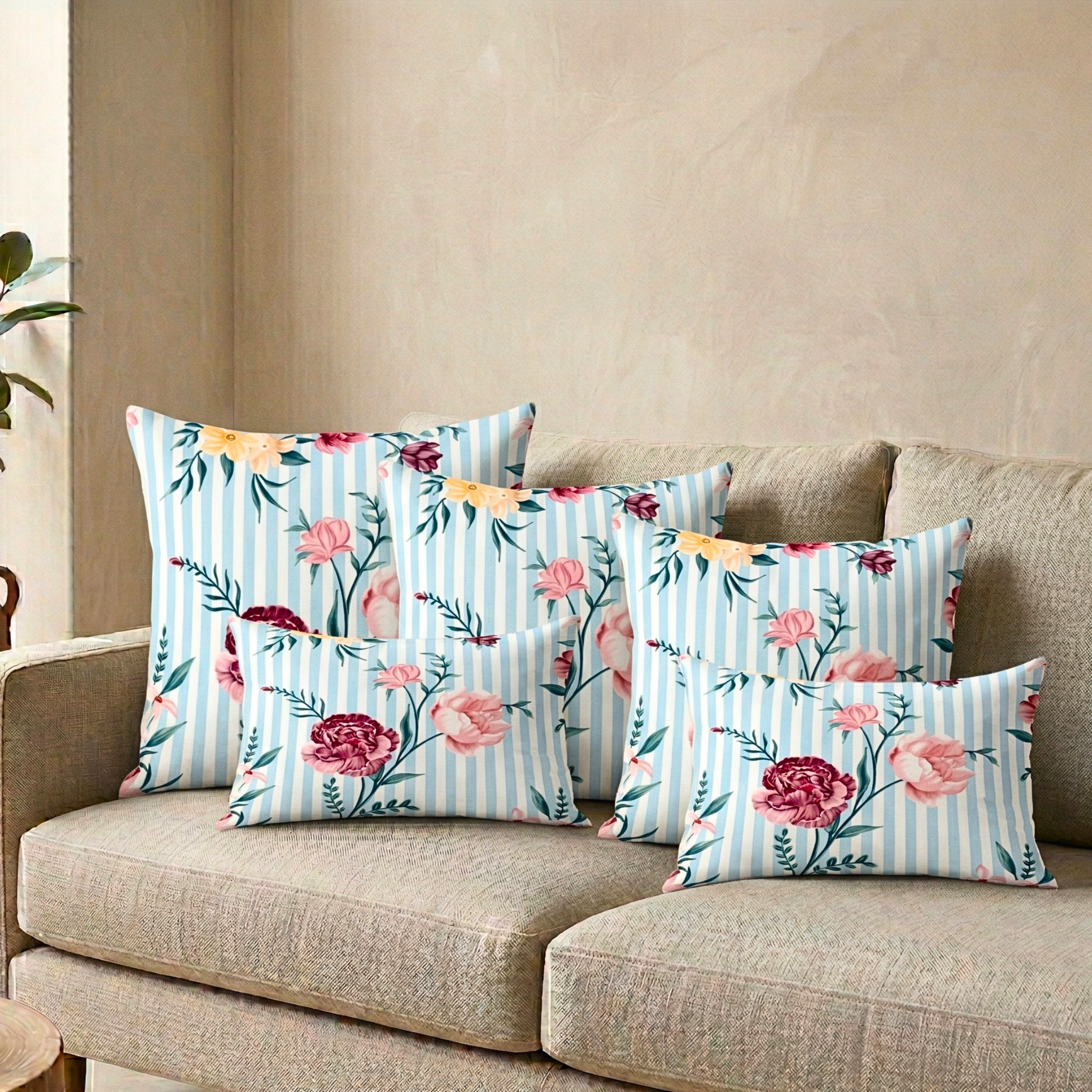 Flower With Blue Strips Designer Cushion Cover pack of 2