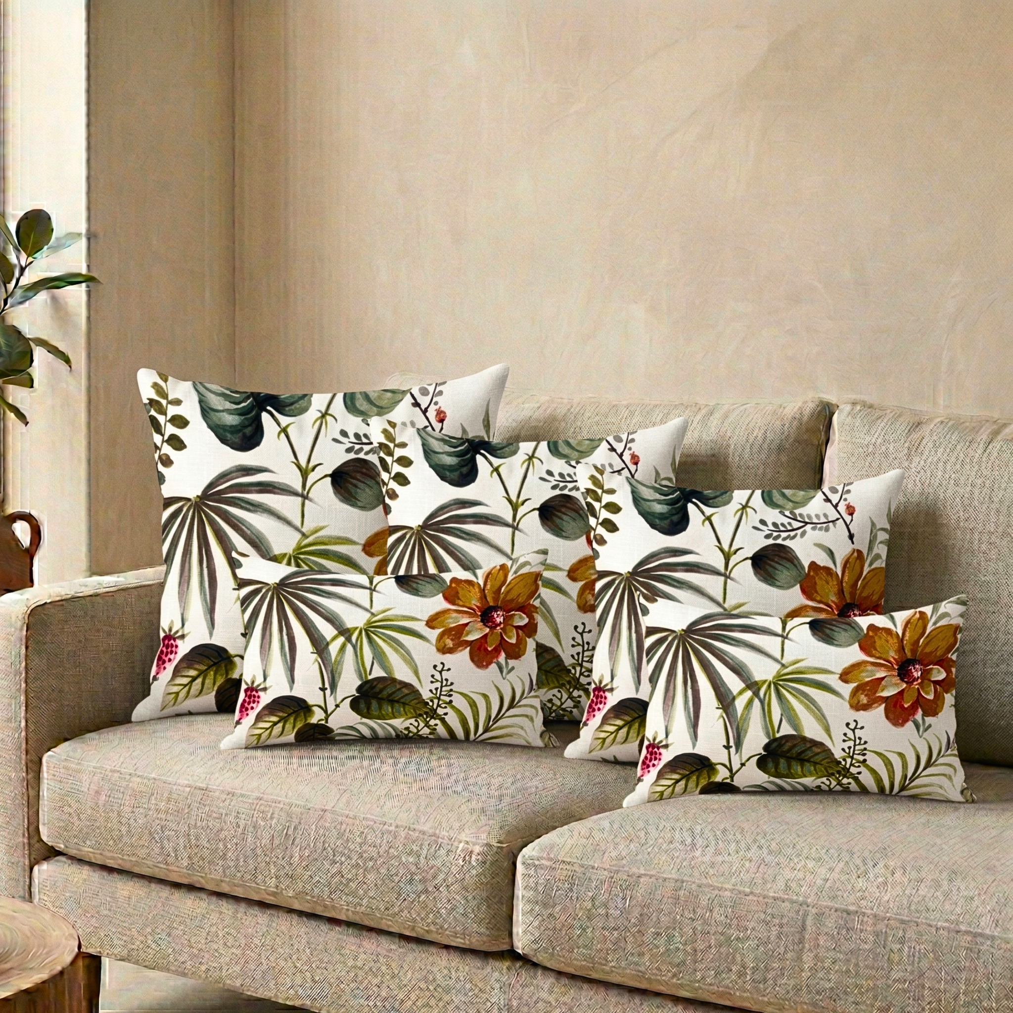 White Plant and leaf Designer Cushion Cover pack of 2