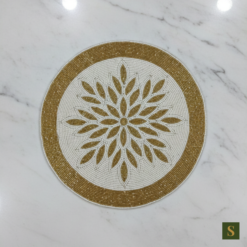 Beads Table Mats flower shape Brown Golden and White
