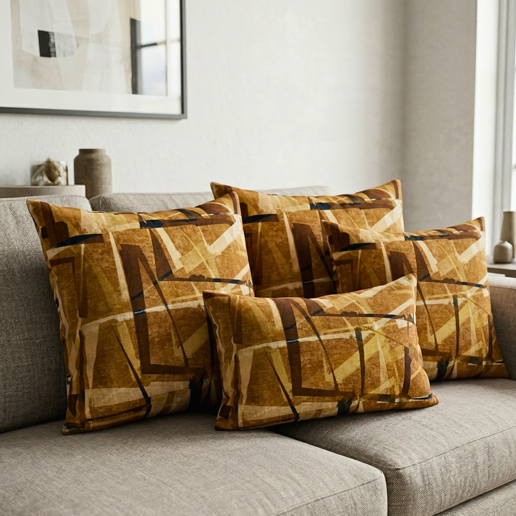 Mustard and Brown Line Pattern Designer Cushion Cover pack of 2