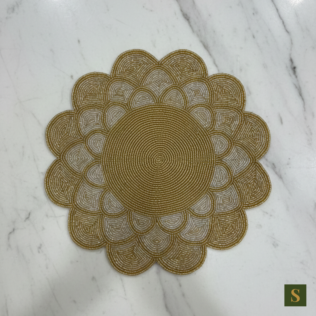Beads Table Mats flower shape Golden and white