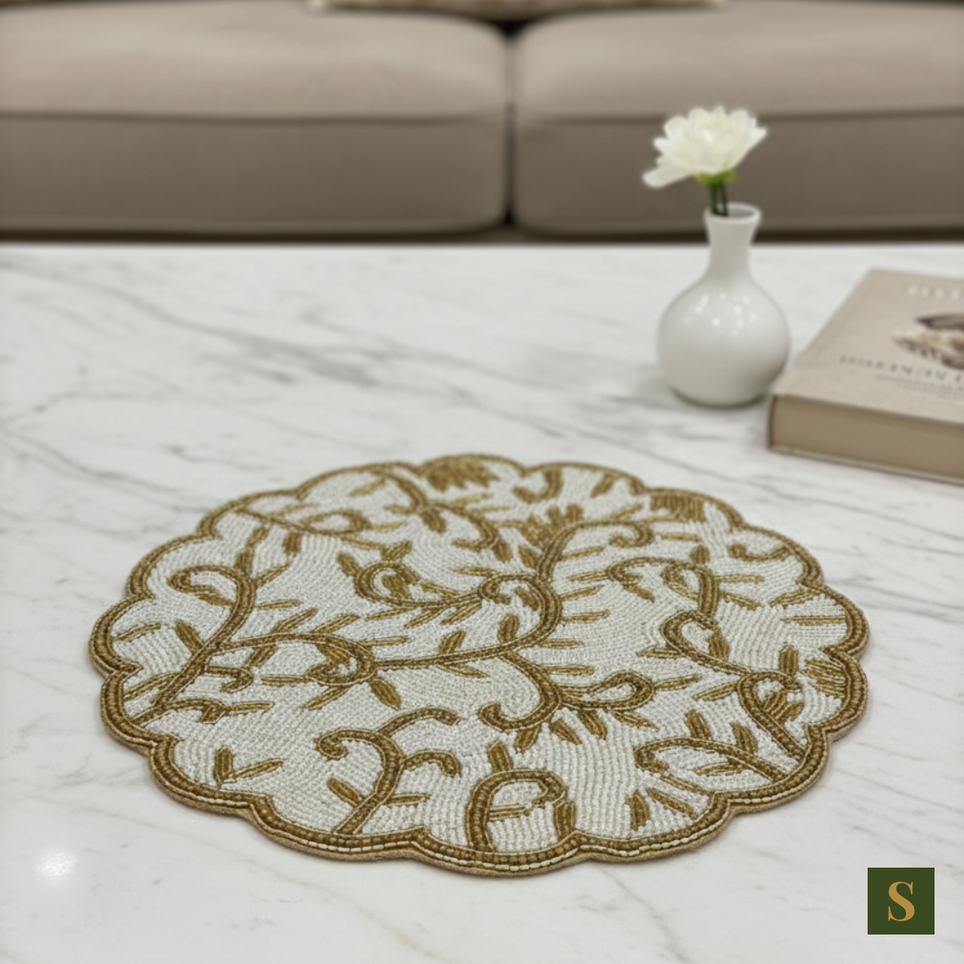 Beads Table Mats flower shape Brown and white