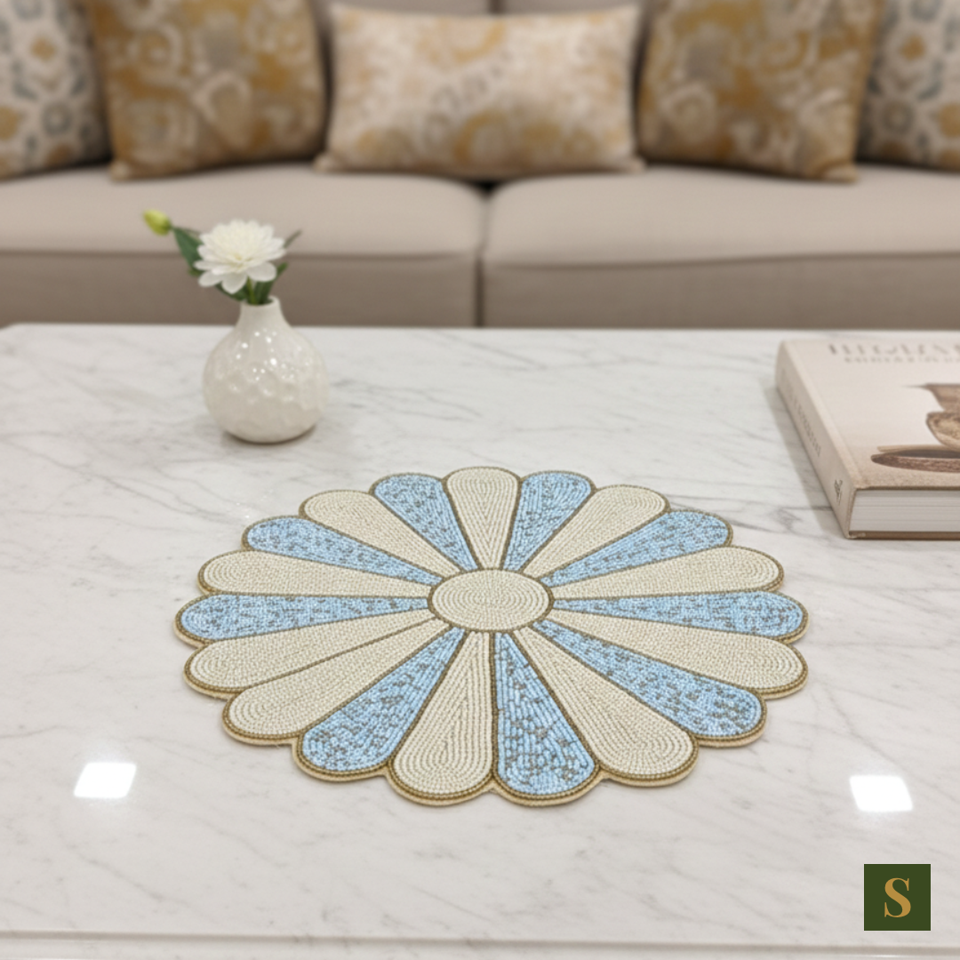 Beads Table Mats flower shape blue and white