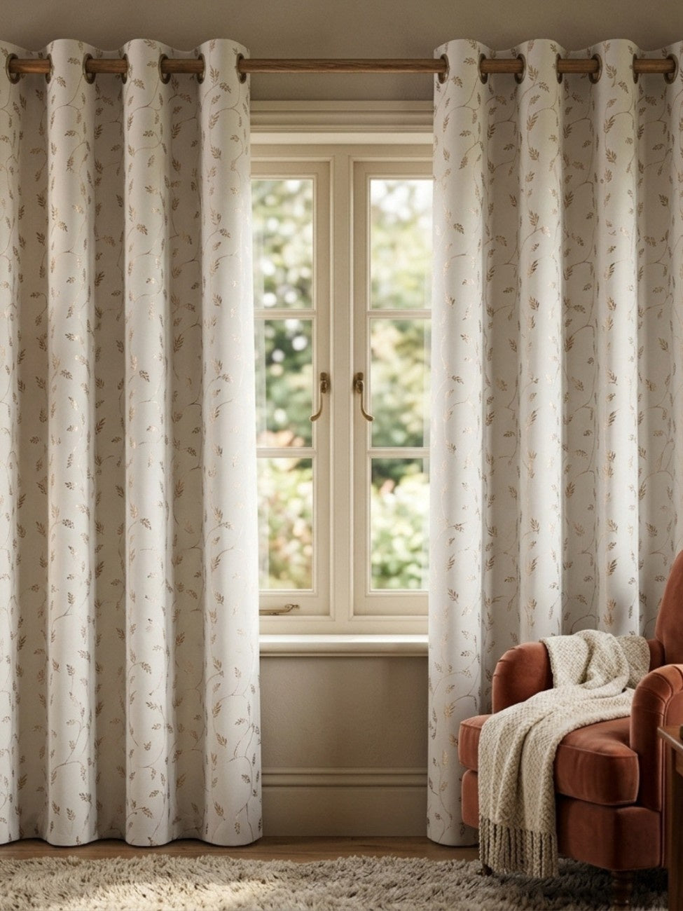 Leaf Pattern Cream Golden Foiling Details  80%Blackout curtain