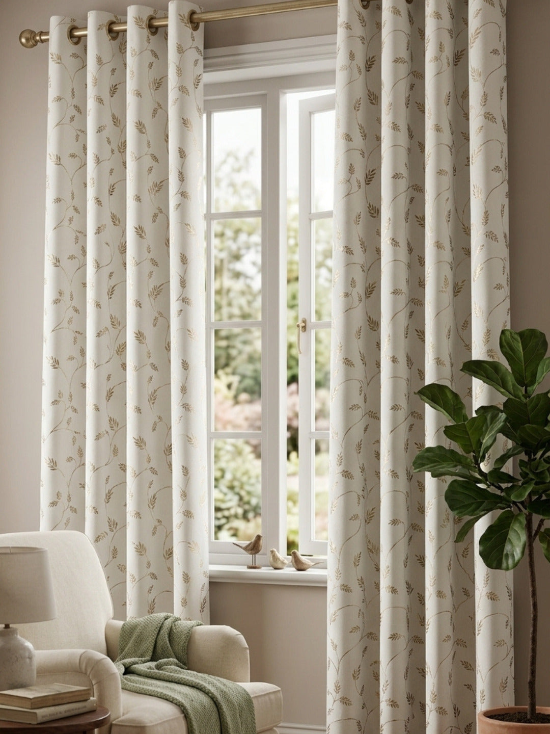 Leaf Pattern Cream Golden Foiling Details  80%Blackout curtain