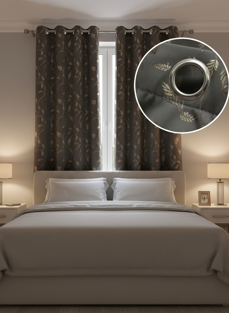 Saukins Leaf Pattern Grey Golden Foiling Details 80% Blackout curtain