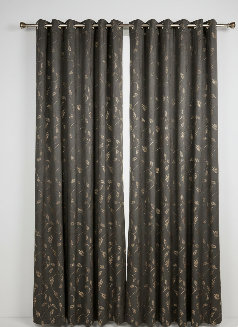 Saukins Leaf Pattern Grey Golden Foiling Details 80% Blackout curtain
