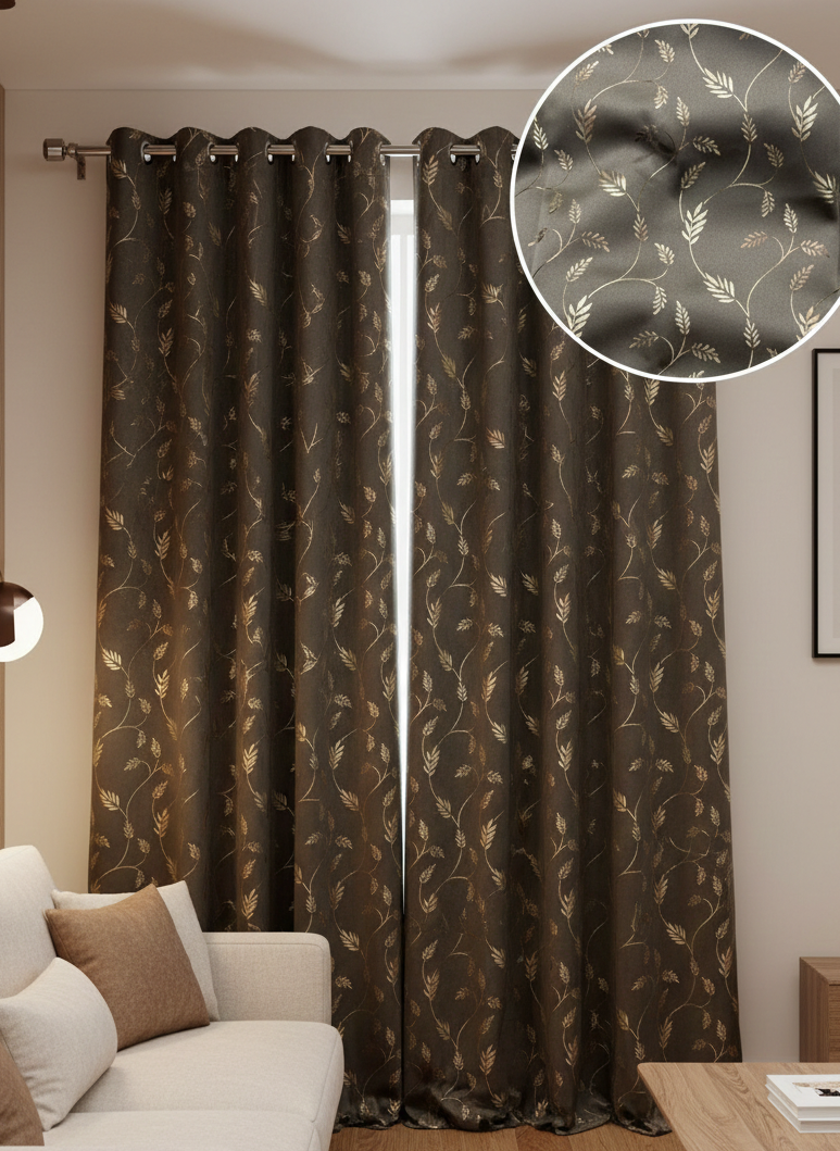 Saukins Leaf Pattern Brown Golden Foiling Details  80% Blackout curtain