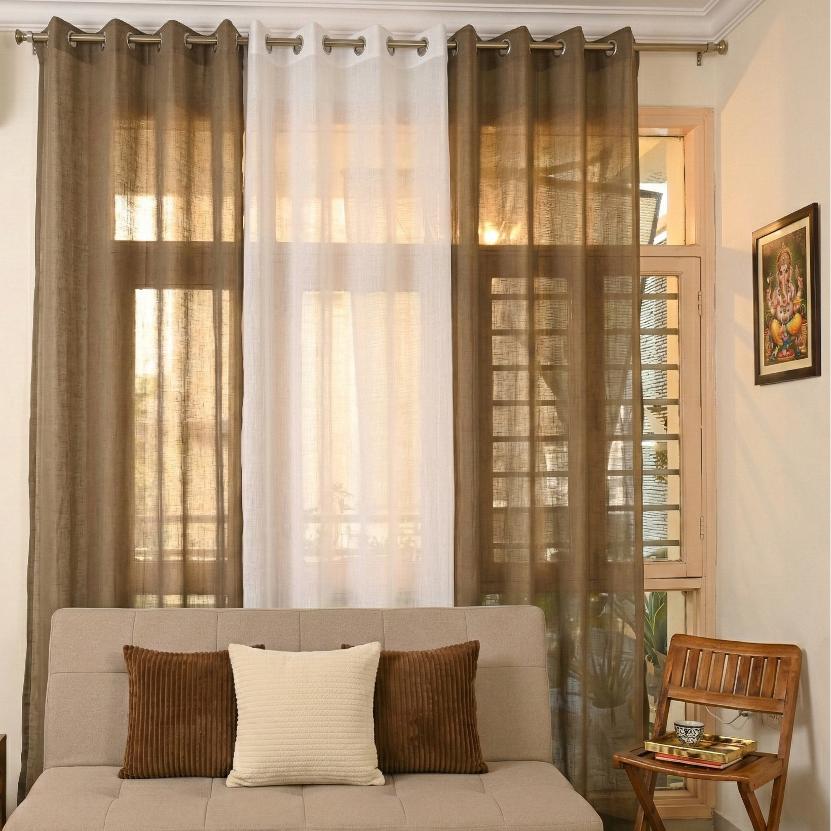 Net Sheer Curtain with Cushions pack of 3 curtains and cushions White Brown