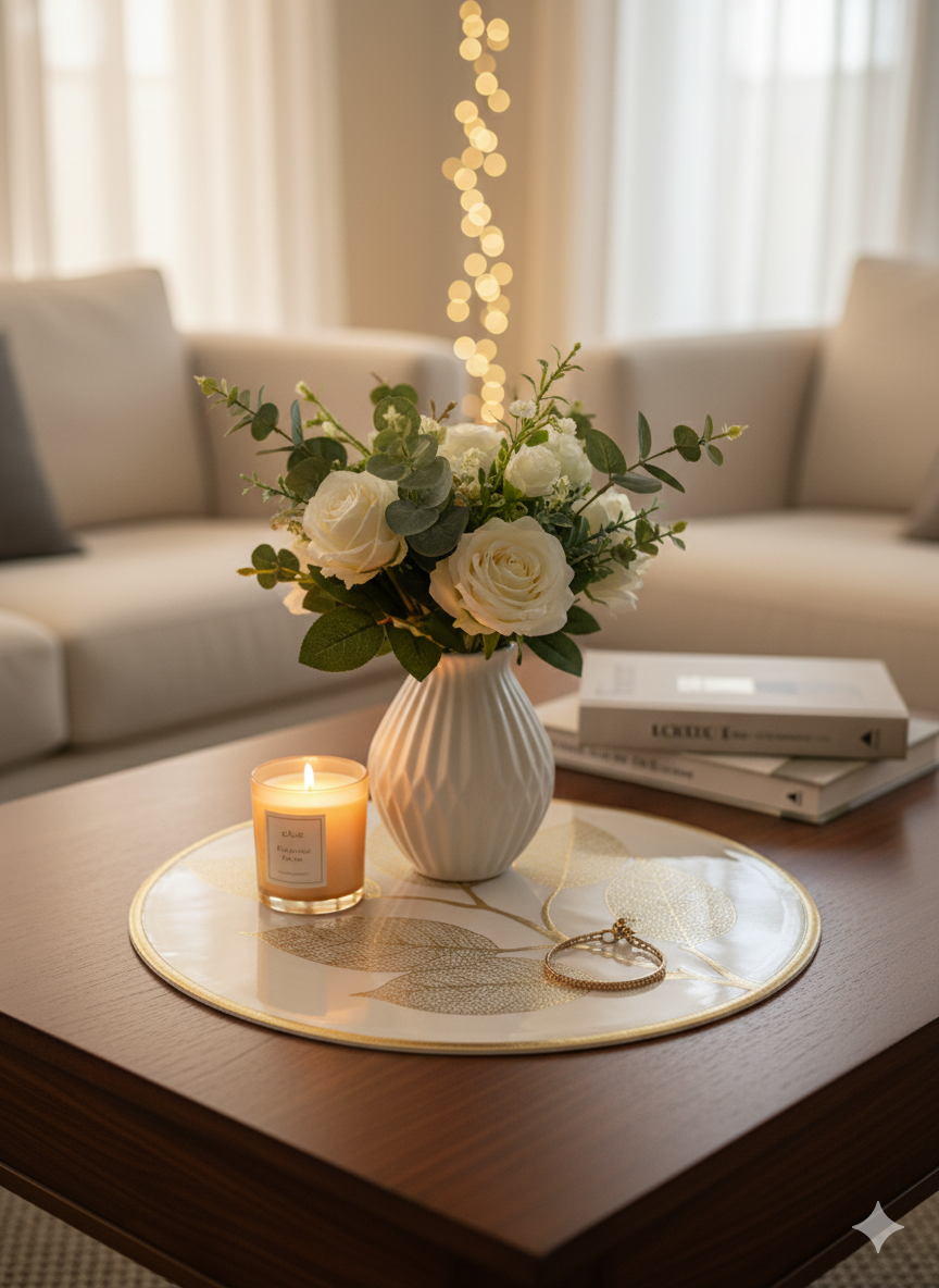 Elegant Leaf Design Golden Round Table Mat - Saukins Collection