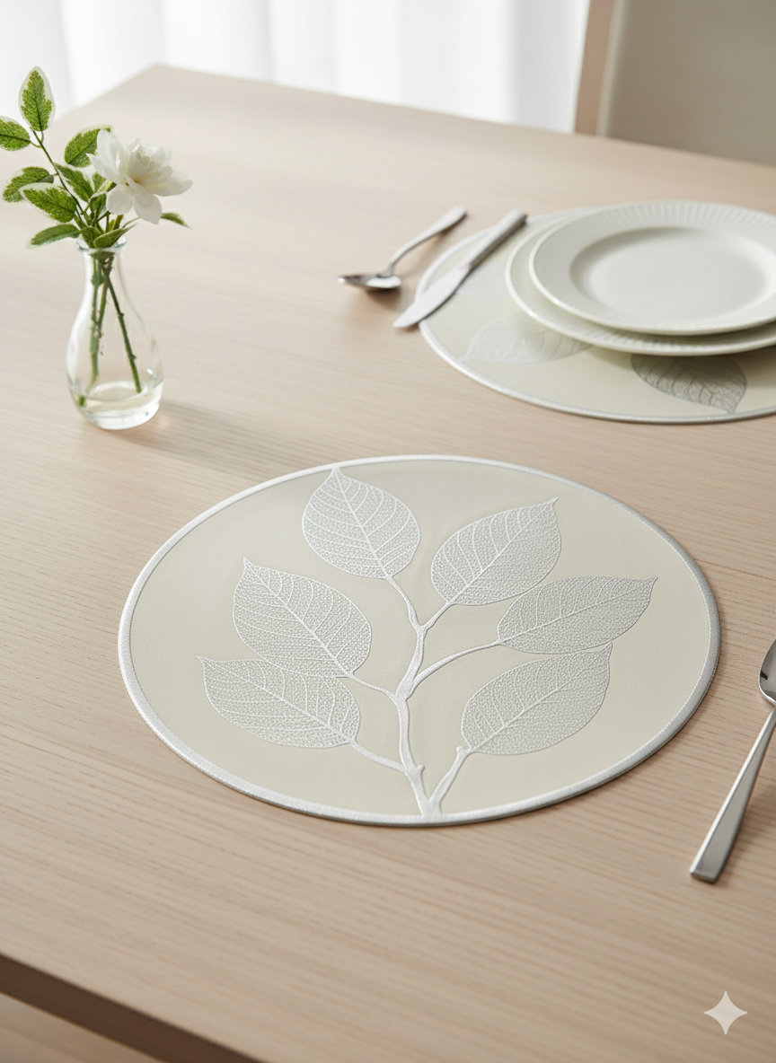 Elegant Leaf Design Silver Round Table Mat - Saukins Collection