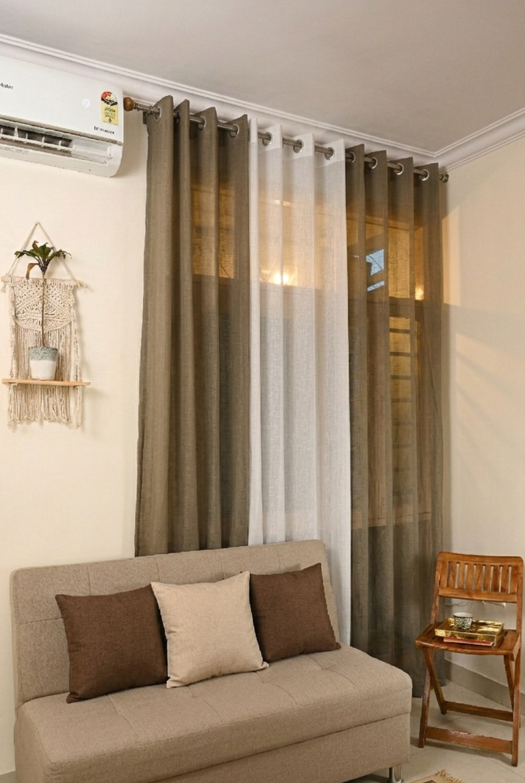 Net Sheer Curtain with Cushions pack of 3 curtains and cushions White Brown