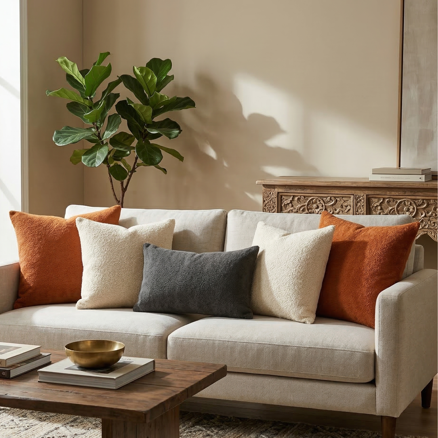 Boucle Rust Cream and Grey cushion cover combo pack of 5