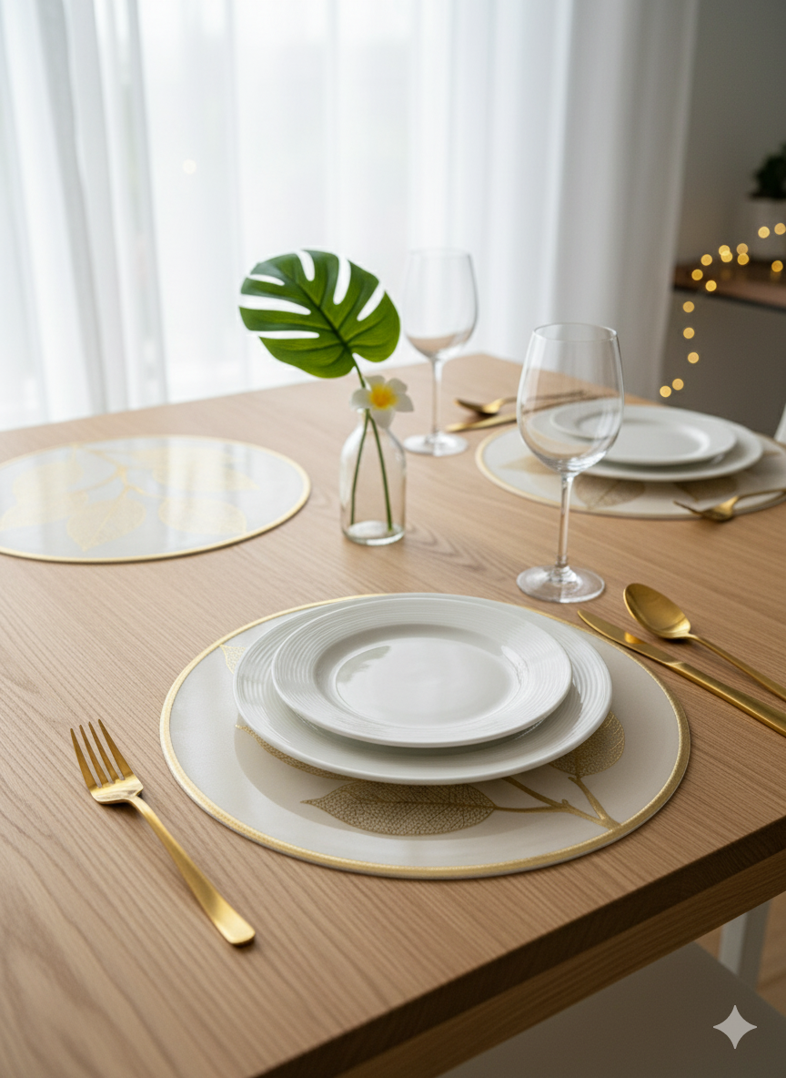 Elegant Leaf Design Golden Round Table Mat - Saukins Collection