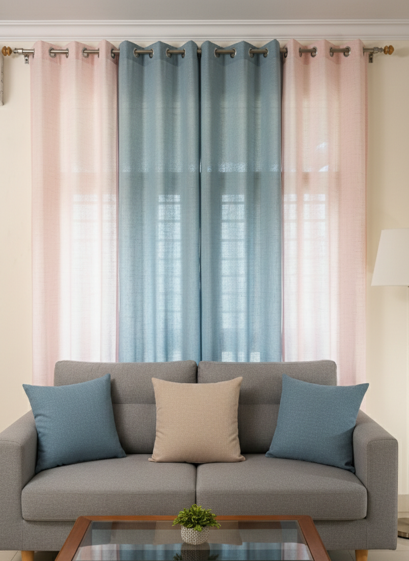 Net Sheer Curtain with Cushions pack of 3 curtains Light pink