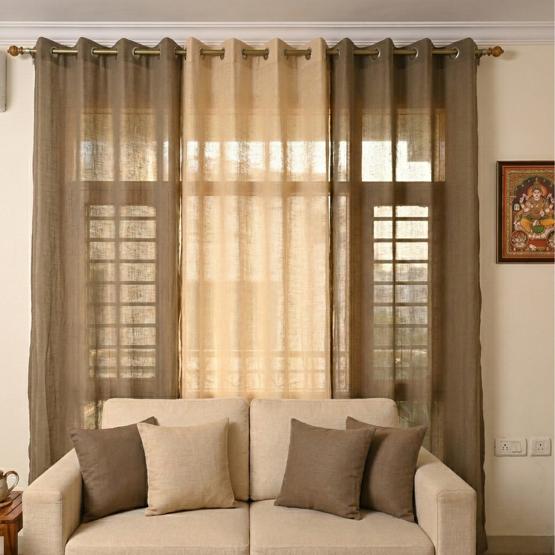 Net Sheer Curtain with Cushions pack of 3 curtains and cushions
