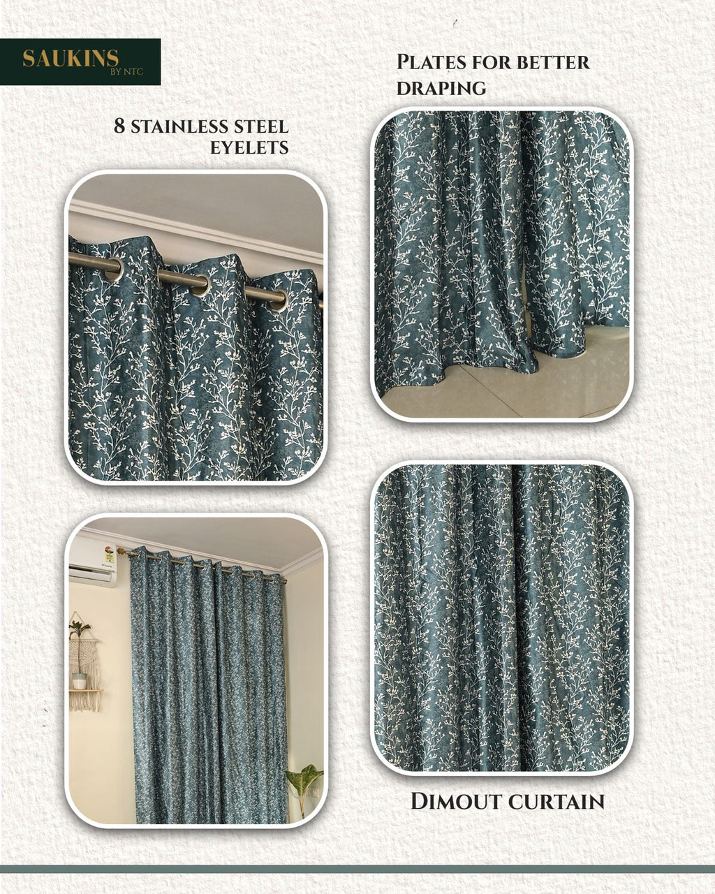 Saukins Natural VII Floral Blue Curtain