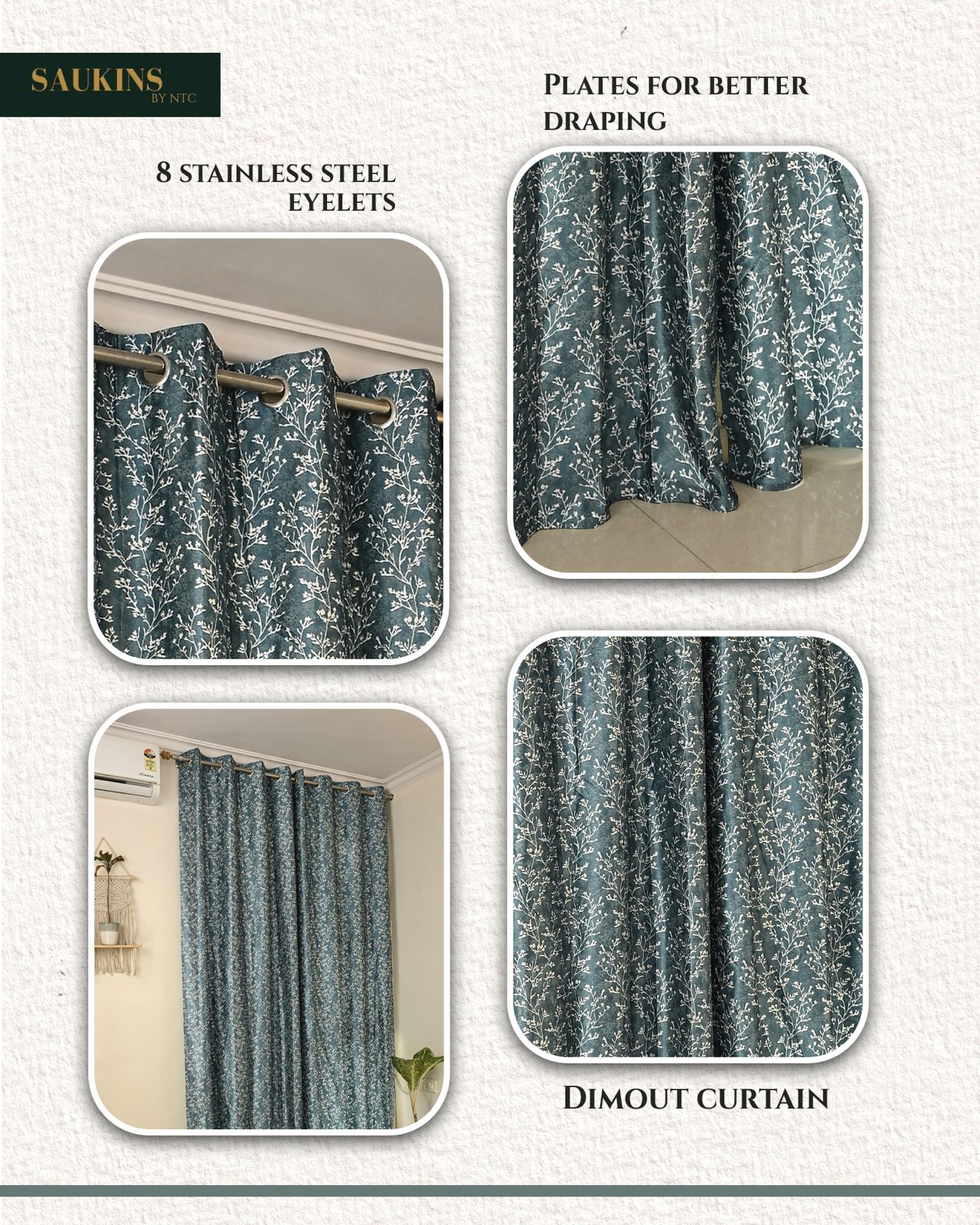 Saukins Natural VII Floral Blue Curtain