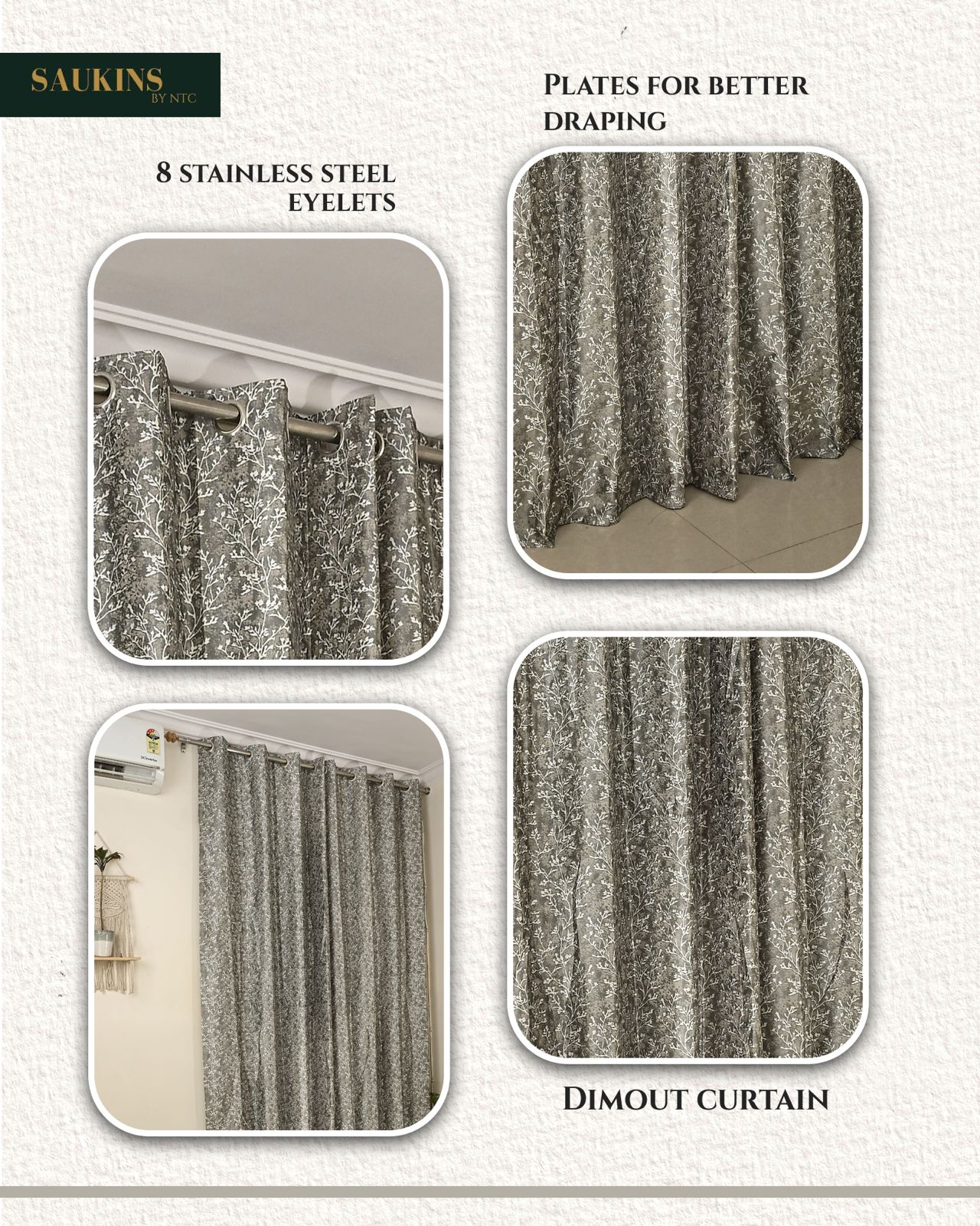 Saukins Natural VII Floral Grey Curtain