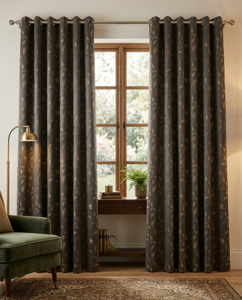 Leaf Pattern Grey Golden Foiling Details 80% Blackout curtain