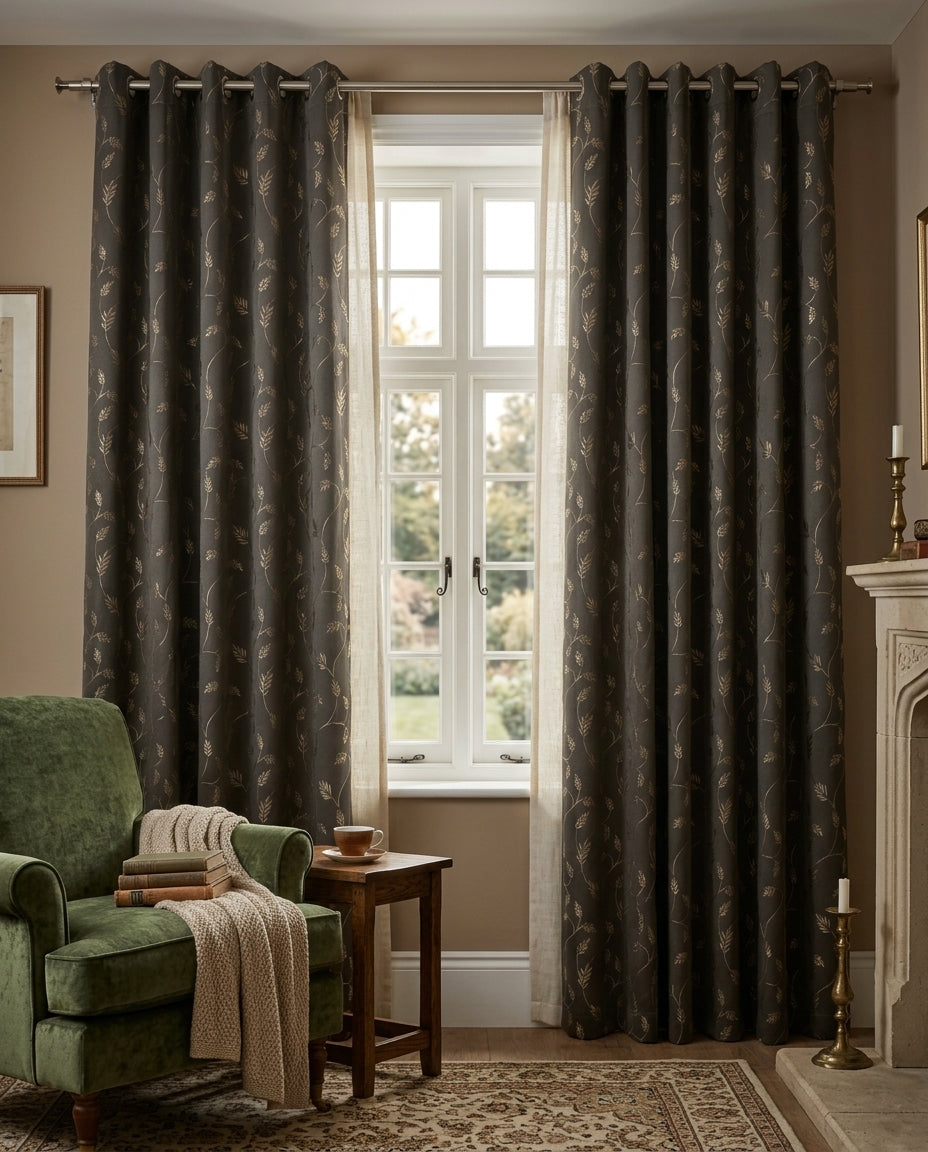 Leaf Pattern Grey Golden Foiling Details 80% Blackout curtain