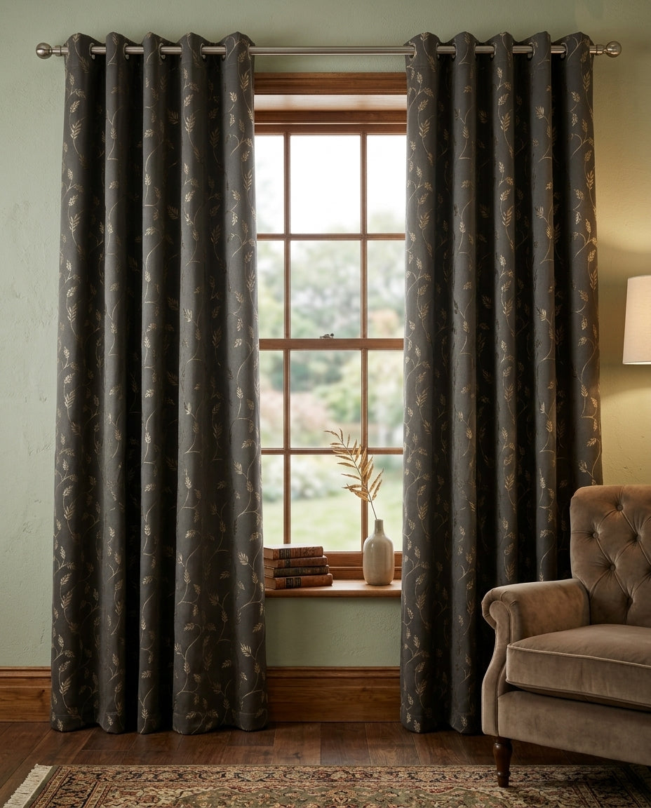Leaf Pattern Grey Golden Foiling Details 80% Blackout curtain