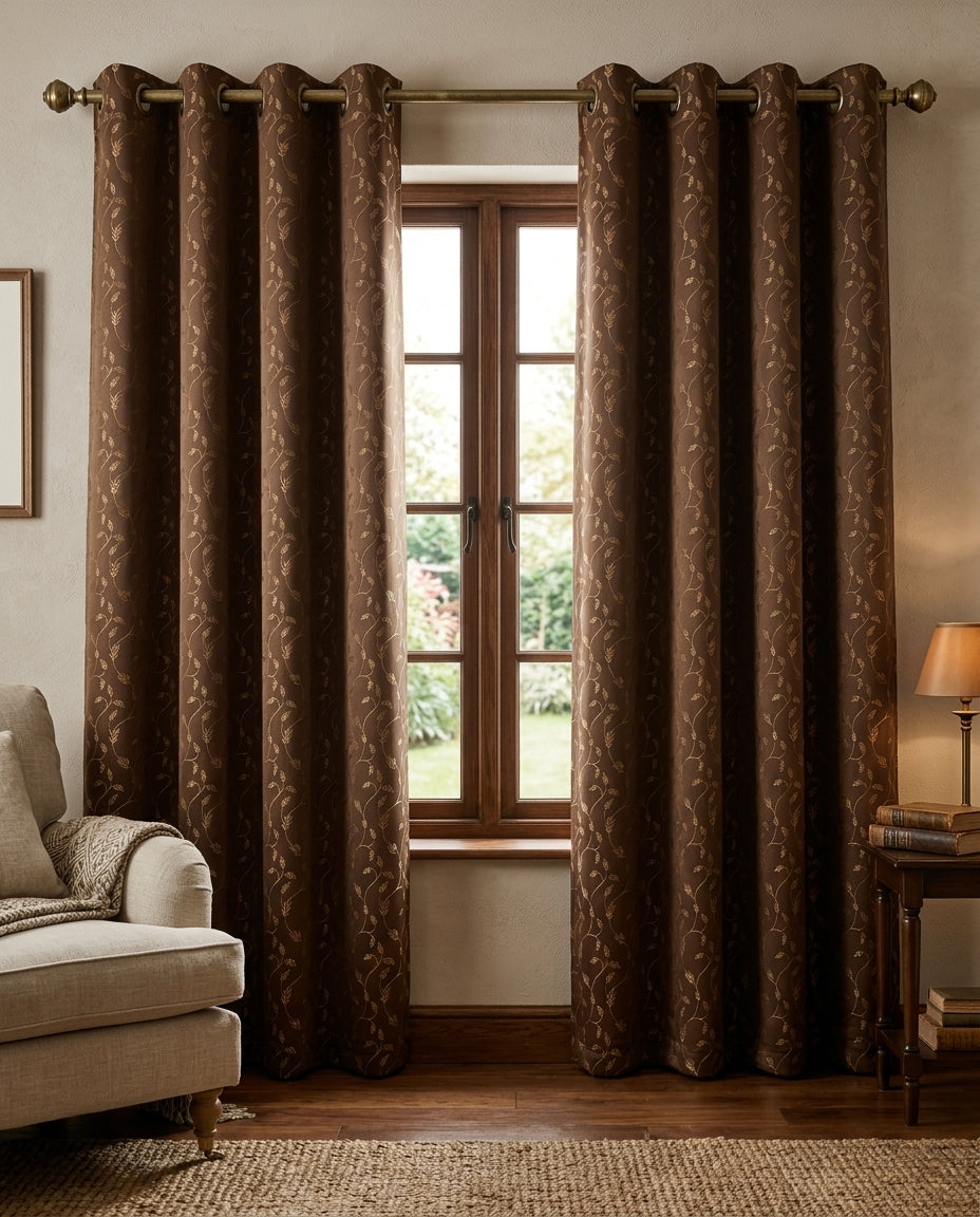 Leaf Pattern Brown Golden Foiling Details  80% Blackout curtain