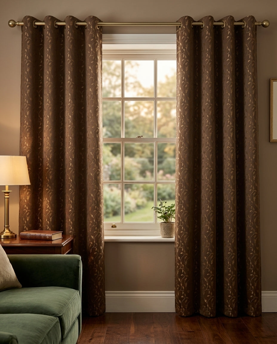 Leaf Pattern Brown Golden Foiling Details  80% Blackout curtain