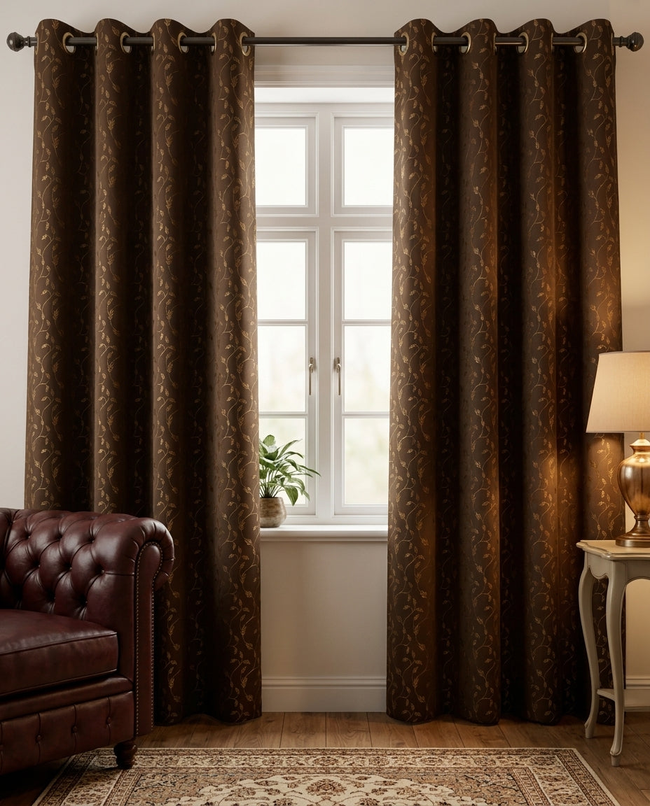 Leaf Pattern Brown Golden Foiling Details  80% Blackout curtain