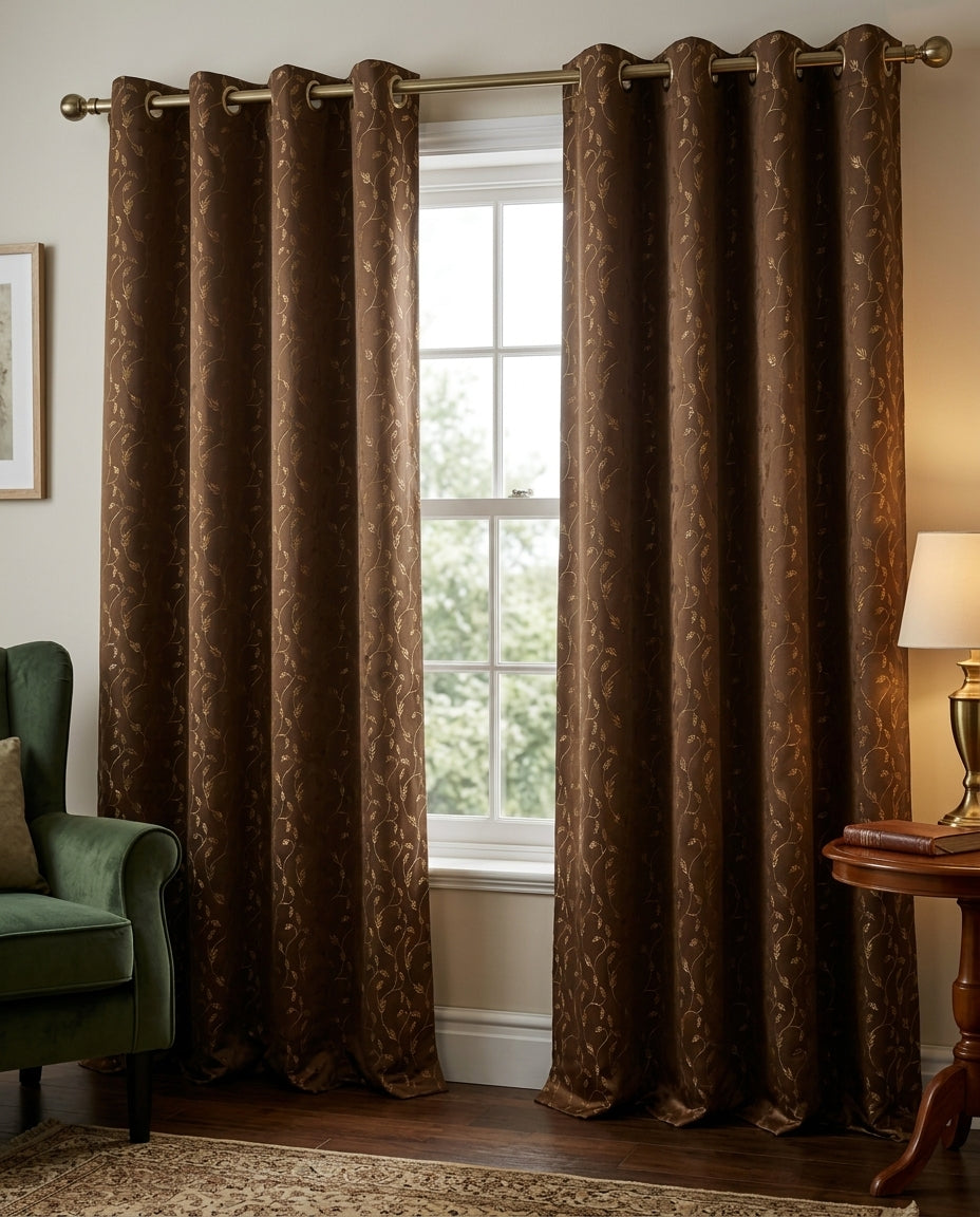 Leaf Pattern Brown Golden Foiling Details  80% Blackout curtain